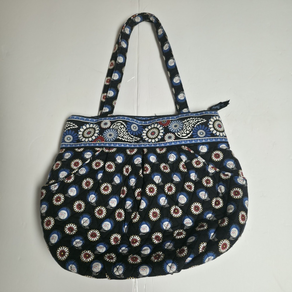 Vera Bradley Night Owl Pleated Shoulder Bag Tote Quilted Cotton Black Blue Red